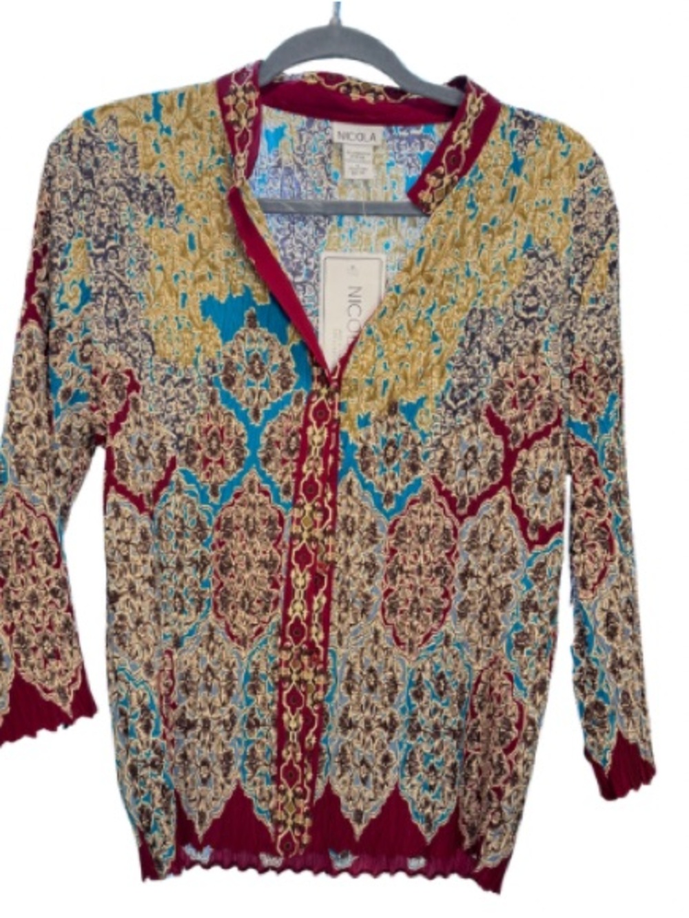 Nicola NWT Boho Chic Crinkle Button Down Blouse Large Artsy Victorian Maximalist